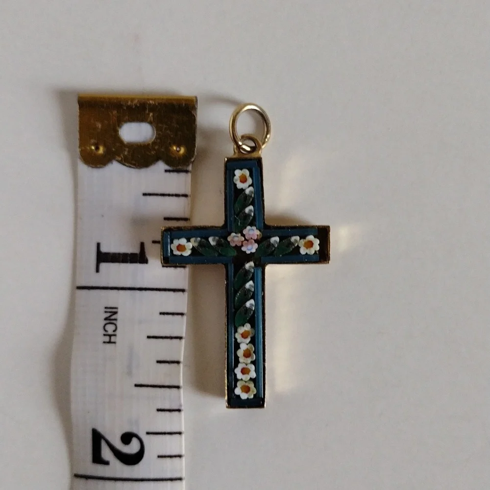 Vintage Venetian Micro Mosaic Glass Forget Me Not Flowers Cross